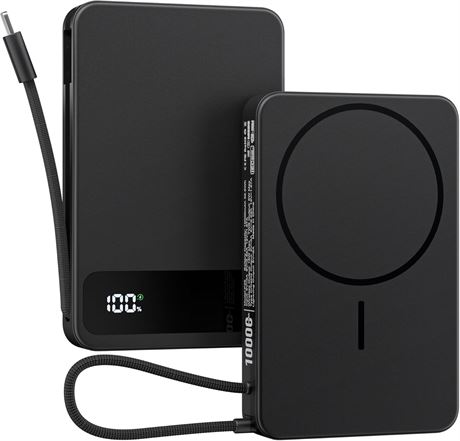 Magnetic Power Bank 10,000mAh Wireless Charger Mag-Safe 15W USB-C/Lightning