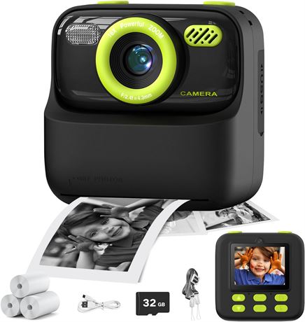 masterbee Kids Instant Print Camera, 1080P HD, Black for 3-12 Year Olds