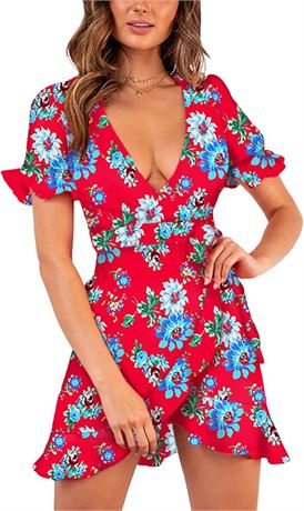 Relipop Women’s Floral Wrap V-Neck Short Dress – L