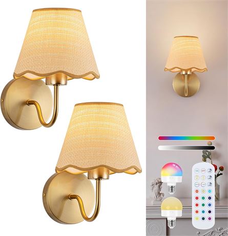 ADISUN Battery Operated Wall Sconce Set of 2, Gold, Rattan Shade, Remote