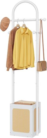 Tajsoon Freestanding Coat Rack with Wood Storage Basket, 6 Hooks, White