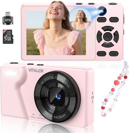 Digital Camera with Front/Rear Lens, 64MP 4K, 32GB Card