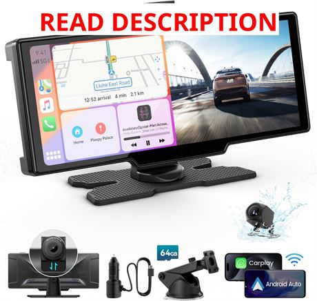 Portable 10" CarPlay/Android Auto Screen with 4K Dash Cam & Backup Camera