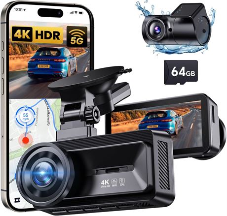 4K Dual Dash Cam Front and Rear with GPS 64GB Night Vision
