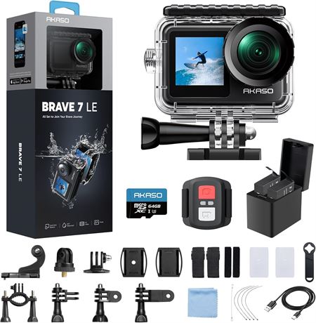 AKASO Brave 7 LE 4K30 Action Cam, 64GB MicroSDXC U3, Waterproof, EIS 2.0