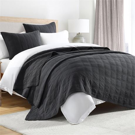 HORIMOTE HOME 100% Cotton Quilt Set King, Charcoal Bed Set with 2 Shams