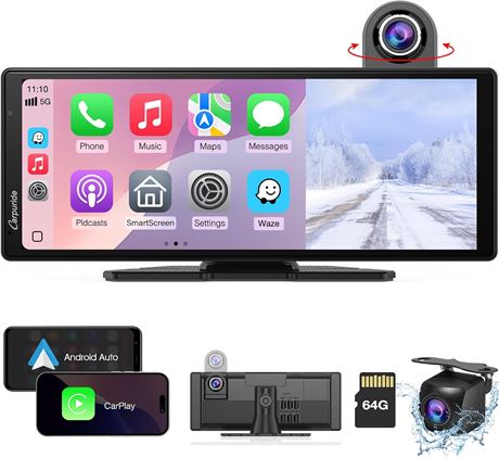 Carpuride W904 Wireless CarPlay/Android Auto Dash Cam, 10.26" IPS Screen
