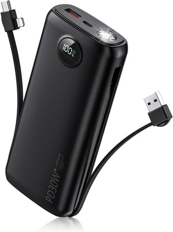 Portable 40000mAh Power Bank with Built-in Type-C & iOS Cables, 30W PD Fast