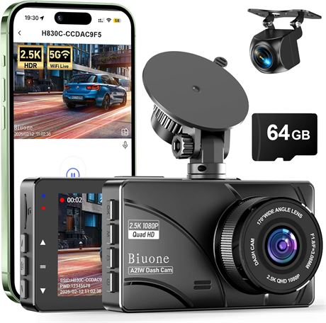 Dash Cam Front & Rear, 5G WiFi, 64GB, 2.5K+1080P, G-Sensor, 512GB Support