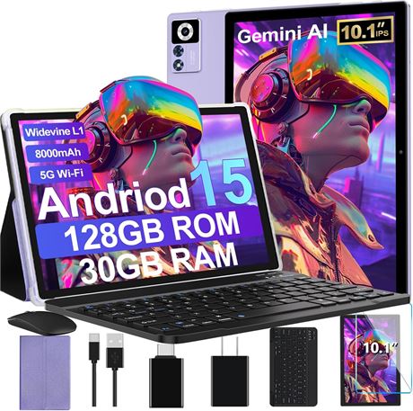 Gemini AI Android 15 Tablet with Keyboard, 10" IPS, 8000mAh, 1TB BT5.0