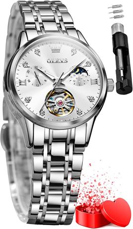OLEVS Women’s Diamond Tourbillon Moon Phase Watch Blue Silver