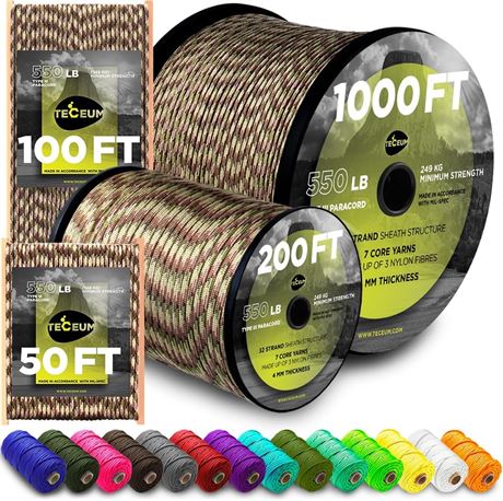TECEUM Paracord Type III 550 Camo   1000 ft, 4mm   MIL-SPEC Rope