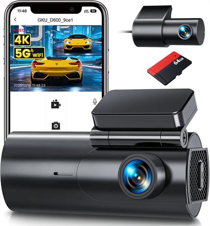 GKU 4K/2.5K Front & Rear WiFi Dash Cam with 64GB Card, App Control, Night Vision