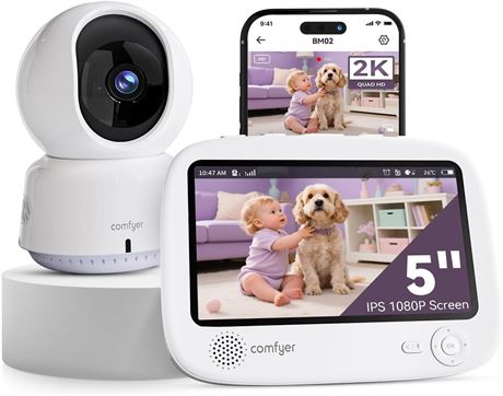 2K comfyer Smart WiFi Baby Monitor - 5" 1080P, Night Vision, 2-Way Talk