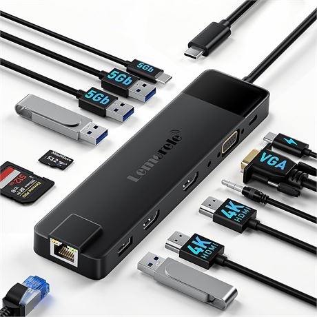 Lemorele Dual Monitor 13-in-1 USB-C Dock with Triple Display and PD 100W