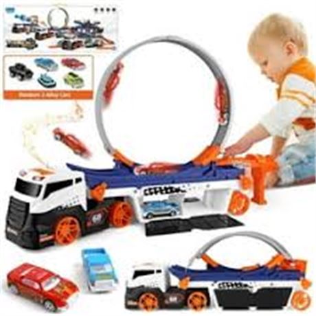 Toddler Race Track Toy with Construction Vehicles & Foldable Dual Slide
