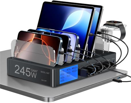 slitinto 245W 7-Port USB-C Charging Station Fast Charger Dock Organizer Black