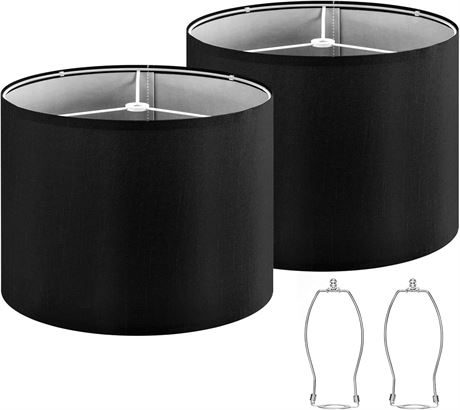 2 Black Drum Lampshades, Medium Fabric Replacement Shades for Table Lamps