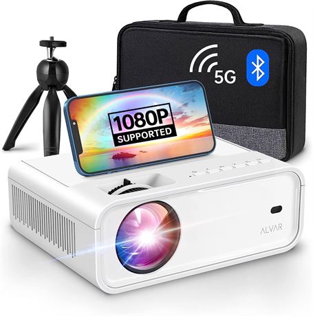 ALVAR Mini Projector 9000 Lumens, 1080P, WiFi 5G Bluetooth, Tripod & Bag