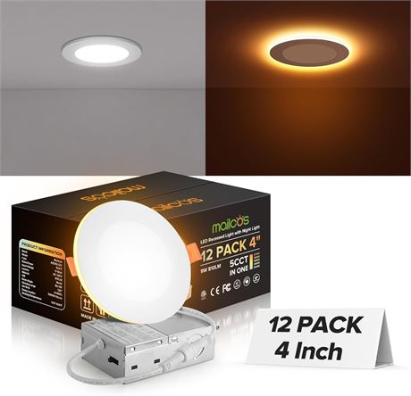 MAILCOS 12 Pack 4-Inch 5CCT LED Recessed Ceiling Light 9W 810LM Dimmable