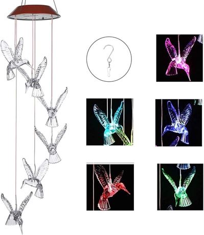 IMAGE Solar Hummingbird Wind Chimes Color Changing Outdoor Garden Lights