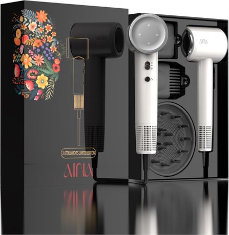 Sèche-cheveux AINA BLDC 110K RPM, 3 embouts, léger, ionique, blanc