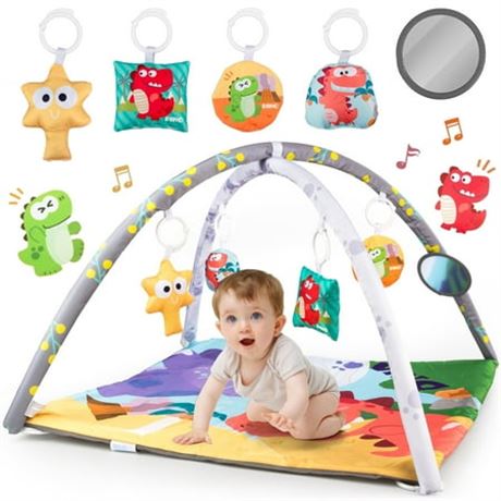UUSUOO Baby Gym Play Mat with 5 Sensory Toys, Tummy Time Activity Mat