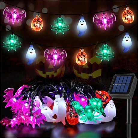 Enhon Halloween Solar String Lights 26FT 40LED Pumpkin Bat Ghost Spider Decor