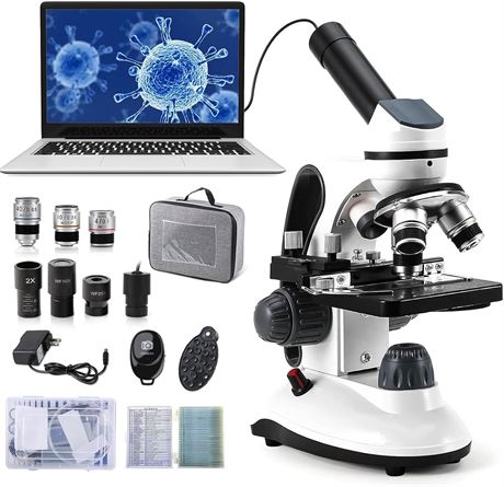 40X-2000X Microscope Kit for Students Kids Adults 30 Slides Camera Adapter
