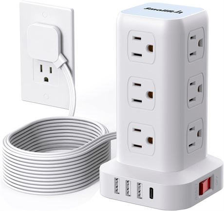 Tower Power Bar Surge Protector with USB-C 8 Outlets and 10ft Flat Plug