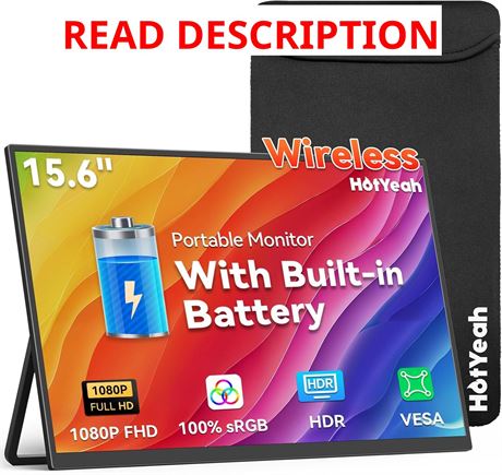 15.6' 1080P Wireless Portable Monitor, Battery-Powered, USB-C HDMI