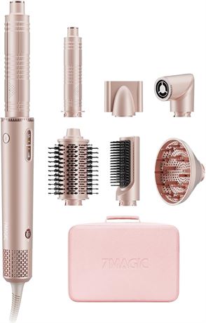 7MAGIC 7-in-1 Hot Air Styler Hair Dryer Brush with Auto-Wrap Curlers, Pink