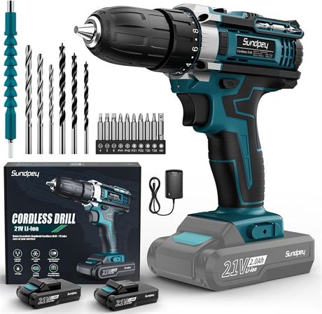 Sundpey 21V Cordless Drill Driver Kit 3/8" Keyless Chuck 2 Batteries & Bits