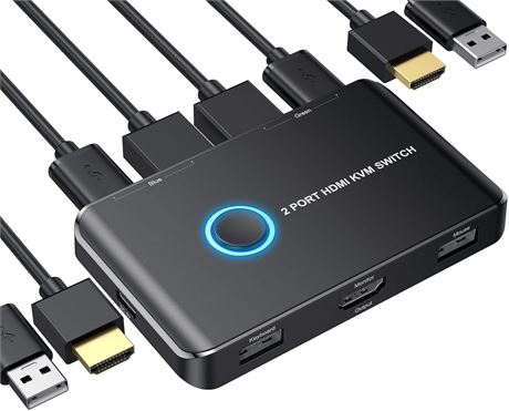 ABLEWE 2-Port HDMI KVM Switch 4K@60Hz USB Sharing Keyboard Mouse Printer