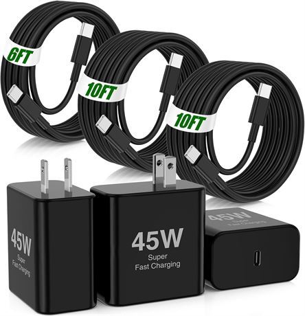 45W USB-C Fast Charger Block 3-Pack + Cables