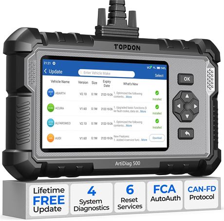 TOPDON ArtiDiag500 OBD2 Scanner with 6 Reset, ABS/SRS/Engine/Trans, CANFD