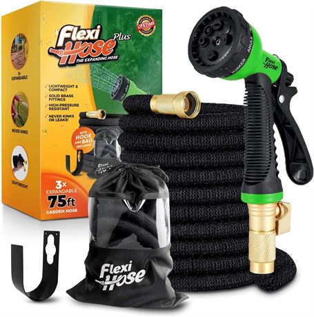Flexi Hose Plus 75ft Expandable Garden Hose with 8-Function Nozzle, Black