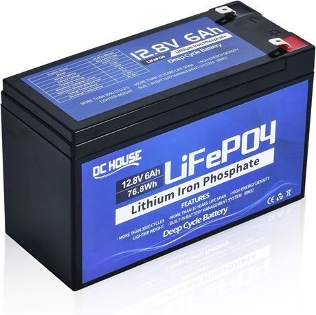 DC House Batterie LiFePO4 12 V 6 Ah avec BMS, >3000 cycles