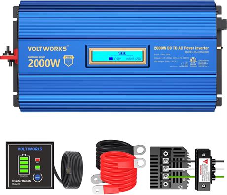VOLTWORKS 2000W DC-12V to AC-120V Power Inverter, LCD, 2 AC Outlets, USB 2.4A