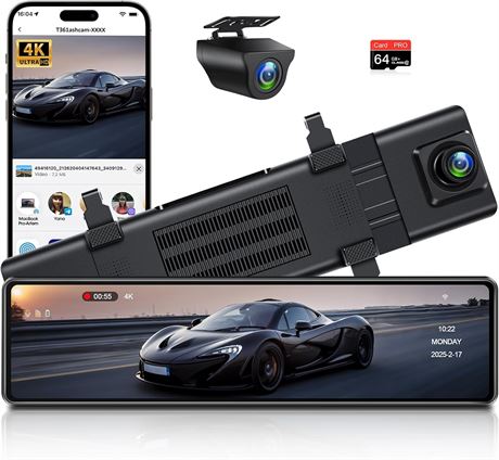 Tenpmas 12-inch 4K Rearview Mirror Dash Cam with WiFi, WDR, Vision, 64GB