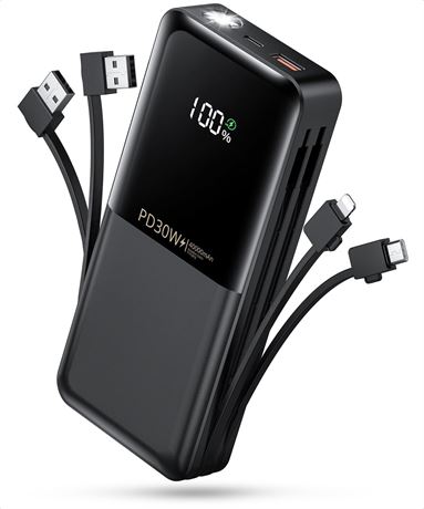 Chargeur 40000mAh avec câbles détachables, torche et LED