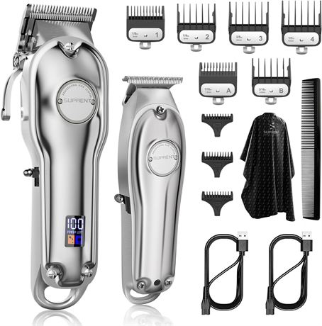 SUPRENT Pro Hair Clippers & T-Blade Trimmer Combo Cordless Barber Kit Silver