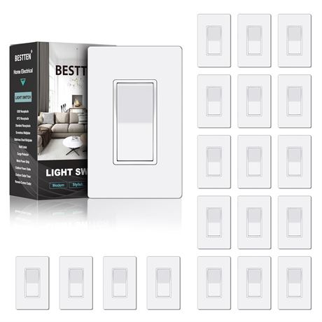 BESTTEN 3-Way Decorator Switch, Screwless Wall Plate, 15A 120/277V White