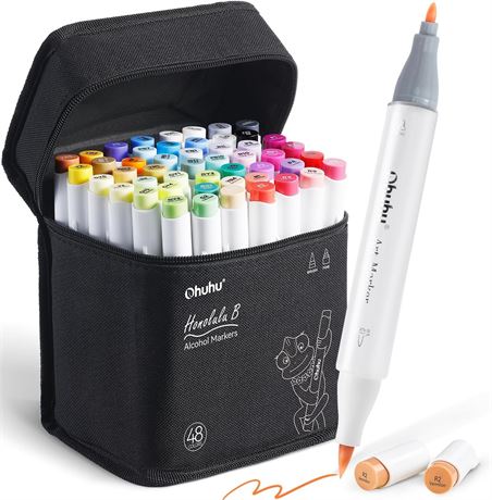 Ohuhu 48 Alcohol Brush Markers – Dual Tip for Artists