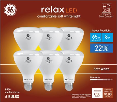 GE Relax ampoules LED BR30 65W EQ, base e-26, dimmable, lot de 6