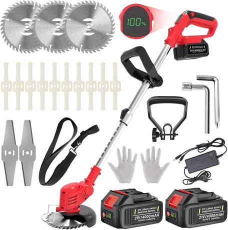 Weed Wacker Cordless Grass Trimmer with 2x21V 4.0Ah Battery, 3 Blade Types