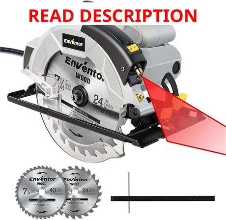 Enventor 7-1/4 in Circular Saw, 10A, Laser Guide, 40T/24T Blades, depth