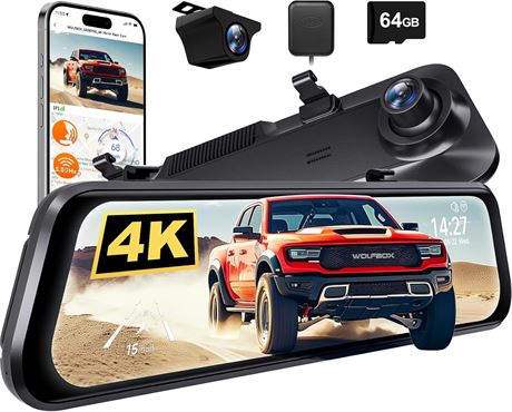 WOLFBOX G850 PRO 4K Dash Cam with ADAS/BSD, 12-inch Rear View Mirror, GPS