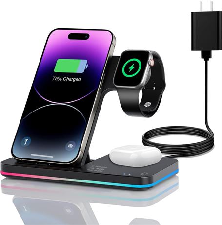 Chargeur sans fil 3-en-1 pliable, iPhone/AirPods/Watch, 18W rapide