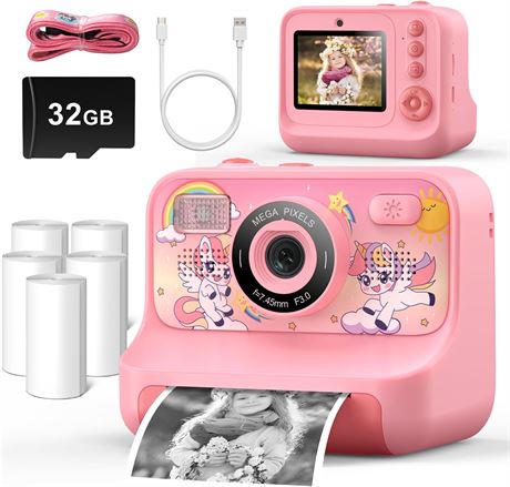 Instant Print Camera for Kids 3-12, 1080P HD Selfie Cam with 6 Papers & 32GB
